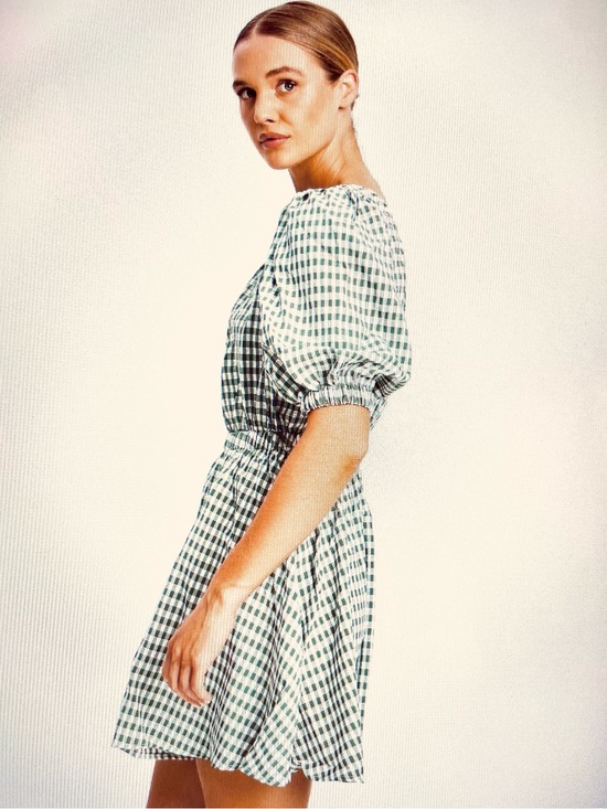PrettyLittleThing Dresses & Skirts - NWT PrettyLittleThing Sage Green Gingham Puff Sleeve Mini Dress